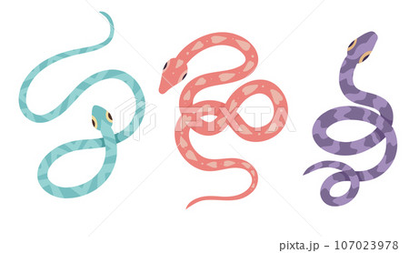 Vector set of cartoon snakes isolated from white background. Clipart collection of serpents in various poses in pastel colors Vector set of cartoon snakes isolated from white background. Clipart collection of serpents in various poses in pastel colors 107023978