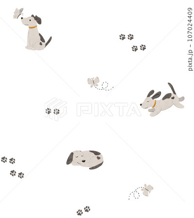 Seamless minimal pattern with cute puppy, butterfly. Simple dog and insect. Endless background in scandinavian style. Stylized digital illustration. Scandi repeating texture for wrapping paper, fabric Seamless minimal pattern with cute puppy, butterfly. Simple dog and insect. Endless background in scandinavian style. Stylized digital illustration. Scandi repeating texture for wrapping paper, fabric 107024409