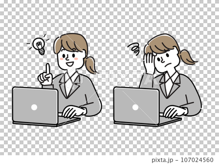 ノートパソコンを使用しているオフィスレディのイラスト 107024560