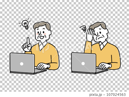 ノートパソコンを使用している高齢男性のイラストセット 107024563