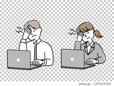 Set of businessmen who feel headache and eye pain while working 107024565