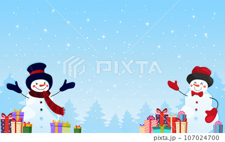 Modern blue Christmas banner with gifts and snowmen, winter holiday copy space banner, New Year poster. Flat vector illustration. Winter landscape with snowfall. Modern blue Christmas banner with gifts and snowmen, winter holiday copy space banner, New Year poster. Flat vector illustration. Winter landscape with snowfall. 107024700