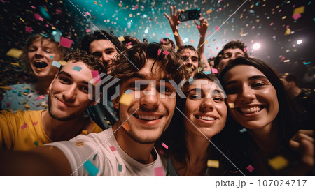 パーティーに来た友達とのセルフィー・仲間・グループ・チーム・自撮り・夜遊び 107024717