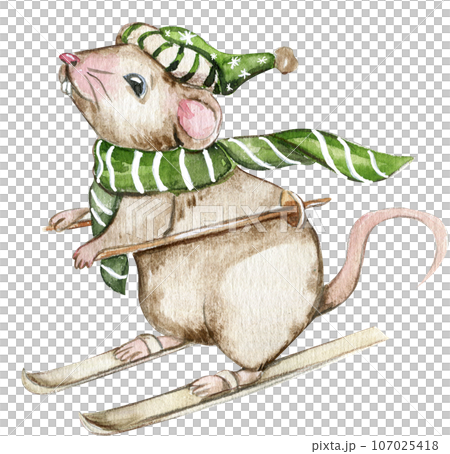 Watercolor Christmas mice in cartoon style. Watercolor Christmas hand drawn illustration for cards, backgrounds, scrapbooking and your design. Perfect for wedding invitation. Watercolor Christmas mice in cartoon style. Watercolor Christmas hand drawn illustration for cards, backgrounds, scrapbooking and your design. Perfect for wedding invitation. 107025418