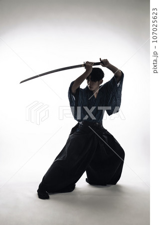 日本刀を振るう剣士のシルエット 107025623