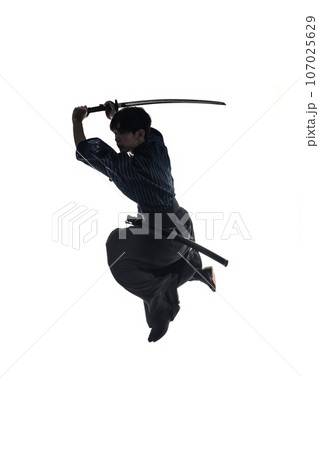 日本刀を振るう剣士のシルエット 107025629
