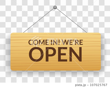 Open signboard icon. Announcement banner, information signage, board. Wooden hanging door sign for cafe, restaurant, bar or retail store. Vector illustration 107025767