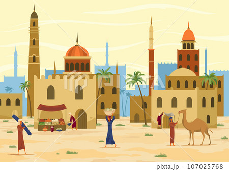Middle east. Arabic desert landscape with traditional mud brick houses and people. Ancient building on background. Bedouin with camel, man with jug on head. Flat vector illustration Middle east. Arabic desert landscape with traditional mud brick houses and people. Ancient building on background. Bedouin with camel, man with jug on head. Flat vector illustration 107025768