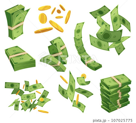 Cartoon money and coins icon set. Paper cash, bills fly. Keeping money in bank. Green banknotes wealth, accumulation and inheritance. Flat vector money illustration. Objects isolated on white Cartoon money and coins icon set. Paper cash, bills fly. Keeping money in bank. Green banknotes wealth, accumulation and inheritance. Flat vector money illustration. Objects isolated on white 107025775