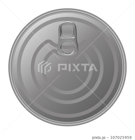 Metallic tin can for food. Top view. Vector realistic mockup of blank cylinder, aluminum container, round steel pack isolated on white background Metallic tin can for food. Top view. Vector realistic mockup of blank cylinder, aluminum container, round steel pack isolated on white background 107025959