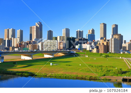 【神奈川県】快晴の武蔵小杉の高層マンションと丸子橋 【神奈川県】快晴の武蔵小杉の高層マンションと丸子橋 107026184