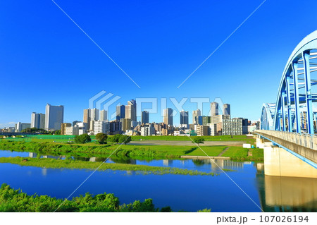 【神奈川県】快晴の武蔵小杉の高層マンションと丸子橋 107026194