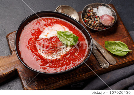Refreshing homemade tomato gazpacho soup Refreshing homemade tomato gazpacho soup 107026450