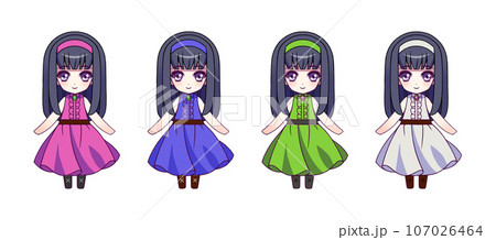 アニメ風の女の子キャラクターのデフォルメ全身イラストセット アニメ風の女の子キャラクターのデフォルメ全身イラストセット 107026464