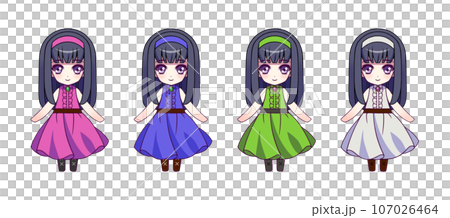 アニメ風の女の子キャラクターのデフォルメ全身イラストセット アニメ風の女の子キャラクターのデフォルメ全身イラストセット 107026464