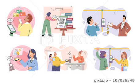 Cashless payment. Vector illustration. Online payment platforms often offer buyer protection and dispute resolution mechanisms Touchless payment systems are designed to be user-friendly and intuitive Cashless payment. Vector illustration. Online payment platforms often offer buyer protection and dispute resolution mechanisms Touchless payment systems are designed to be user-friendly and intuitive 107026549