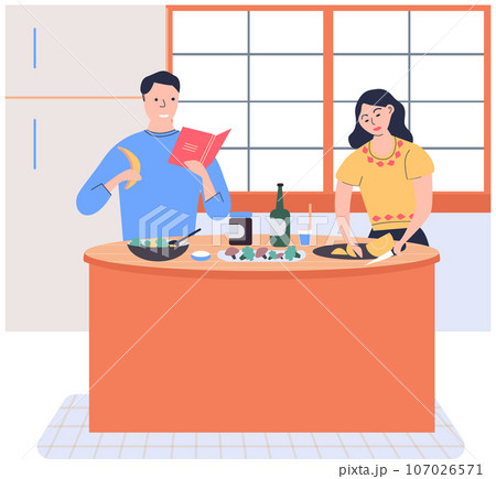People cooking vegetarian food. Vector illustration. Fresh vegetables, organic food, natural products. Smiling man cooking homemade meals in small cozy kitchen. Father preparing dinner on big stove 107026571