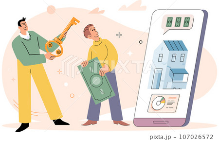 Real estate online searching concept. Men with smartphone looking for house for buying or for rent. Real property concept. Agent offers apartment for sale. Broker helps people buying or renting home 107026572