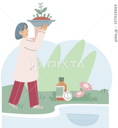 Scientist conducts research to study nature and living organisms. Idea of education, botany, microbiology. Biologists study structure of plants, conduct experiments with water. Biological research 107026664