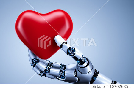 ハートを掲げるロボットの手のクローズアップ。ロボットの心、aiのコントロール　生成ai画像 107026859