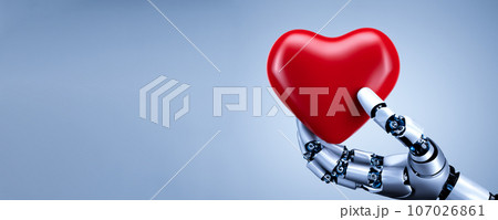 ハートを掲げるロボットの手のクローズアップ。ロボットの心、aiのコントロール　生成ai画像 107026861