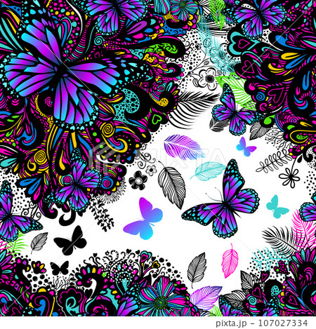 Seamless abstraction with flowers and butterflies. Vector illustration 107027334