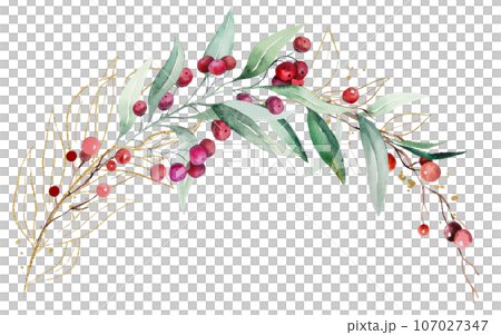 Christmas bouquet with watercolor twigs with green leaves and red berries. Holidays Illustration 107027347
