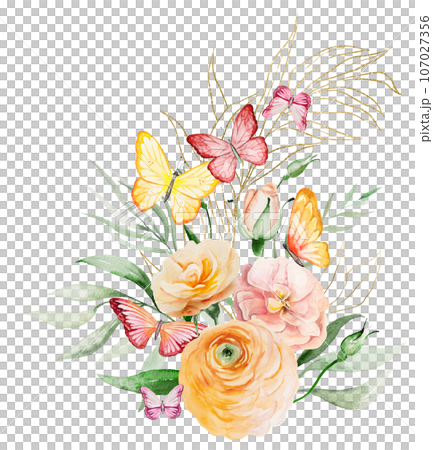 Bouquet with watercolor butterflies on orange and yellow flowers and green leaves, illustration Bouquet with watercolor butterflies on orange and yellow flowers and green leaves, illustration 107027356