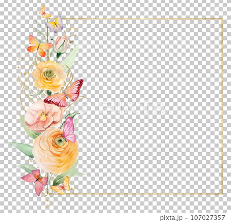 Frame with watercolor butterflies on orange and yellow flowers and green leaves, illustration 107027357