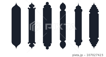 Collection of arabian oriental windows, arches and doors. Modern design in black for frames, patterns Mosque dome and lanterns Islamic ramadan kareem and eid mubarak style. Vector illustration 107027423