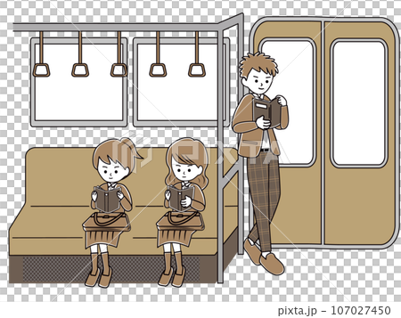 一個女學生坐在火車上看書，一個男孩站在門邊看書（簡單） 107027450