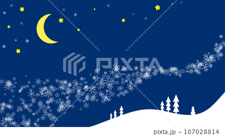 Winter night scene. Blizzard against backdrop of starry night sky and crescent moon. Landscape of snow covered coniferous forest. Simple flat paper vector illustration on blue background Winter night scene. Blizzard against backdrop of starry night sky and crescent moon. Landscape of snow covered coniferous forest. Simple flat paper vector illustration on blue background 107028814