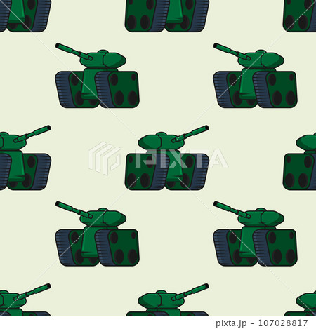 Seamless pattern with battle army track tank with green coloring and long barrel. Ornament for decoration and printing on fabric and wrapping paper. Design element. Vector 107028817