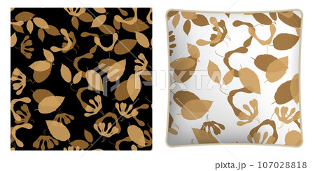 Square decorative pillow, bedroom accessory decorated black silhouettes of ash leaves seamless pattern. Autumn fallen leaves of ash tree. Vector ornament for design of posters and printing on textile Square decorative pillow, bedroom accessory decorated black silhouettes of ash leaves seamless pattern. Autumn fallen leaves of ash tree. Vector ornament for design of posters and printing on textile 107028818
