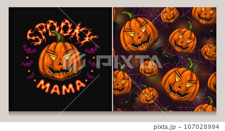 Halloween label, seamless pattern with halloween pumpkin head like Spooky happy mama, spider web, silhouette of bat. Dark violet background with round halftone shapes. Family concept. Vintage style 107028994