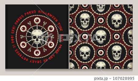 Circular halloween label, seamless geometric pattern with human red eyeball, bones, tradition halloween phrases, words, bloody letters. Eyeballs on stick like lollypop. Witchcraft magic concept. Circular halloween label, seamless geometric pattern with human red eyeball, bones, tradition halloween phrases, words, bloody letters. Eyeballs on stick like lollypop. Witchcraft magic concept. 107028995