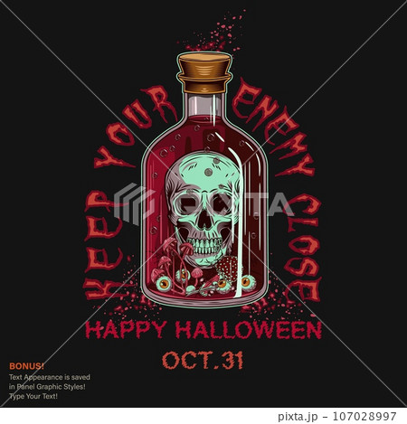 Label with bottle of red poison with human skull, eyeballs, mushrooms inside. Text Keep your enemy close. Halloween creepy illustration in vintage style 107028997