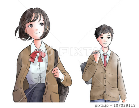 歩く中学生または高校生の水彩風イラスト 茶色系 背景なし 歩く中学生または高校生の水彩風イラスト 茶色系 背景なし 107029115
