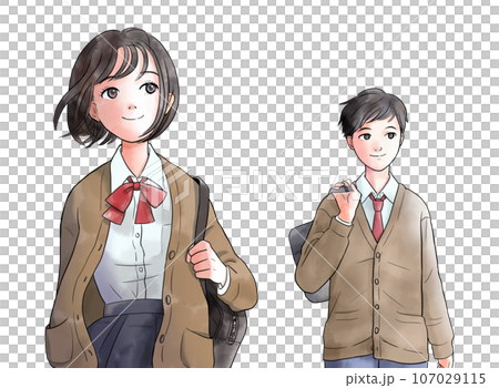 歩く中学生または高校生の水彩風イラスト 茶色系 背景なし 歩く中学生または高校生の水彩風イラスト 茶色系 背景なし 107029115
