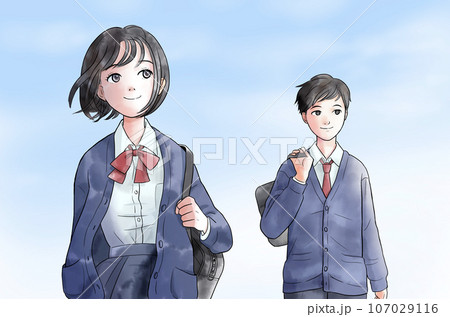 青空の下を歩く中学生または高校生の水彩風イラスト 紺色系 青空の下を歩く中学生または高校生の水彩風イラスト 紺色系 107029116