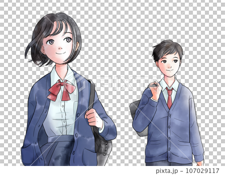 歩く中学生または高校生の水彩風イラスト　紺色系　背景なし 107029117