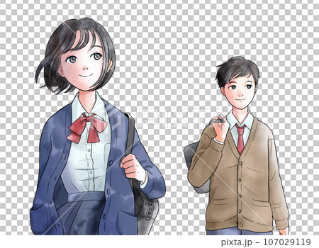 步行中學生或高中生的水彩風格插圖，無背景 107029119