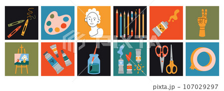 Set of painting tools elements and art supplies. Square colorful icons, cartoon style. Trendy modern vector illustration, hand drawn, flat design 107029297