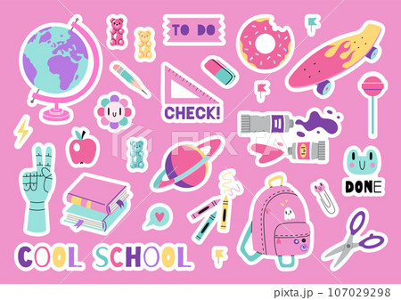 Set of stickers for planner and diaries, vector flat illustration. Sticker pack with cute school stationery and art supplies, cartoon style. Bright pastel color, 90s vibe. Decorations for notebook 107029298