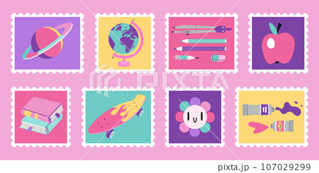 Set of cute hand-drawn post stamps with school stationery and art supplies. Bright pastel color, 90s vibe. Trendy modern vector illustartions in Cartoon style 107029299