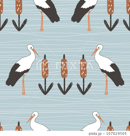 Storks and reeds seamless vector pattern. Stylized folk background 107029505