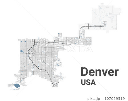 Denver map, American city. Municipal administrative area map with rivers and roads, parks and railways. 107029519