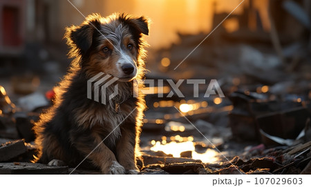 Stray Puppy on a Damaged Street in Afternoon Light - A Powerful Image for Animal Rights Advocacy, Stray dog, Ai generative Stray Puppy on a Damaged Street in Afternoon Light - A Powerful Image for Animal Rights Advocacy, Stray dog, Ai generative 107029603