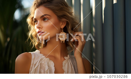 Beautiful young woman with Luxury earrings with precious stones on blue sea background with soft focus. Fashion outdoor photo of sensual woman with blond hair in elegant dress and style accessories. 107030286