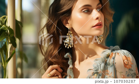 Beautiful young woman with Luxury earrings with precious stones on blue sea background with soft focus. Fashion outdoor photo of sensual woman with blond hair in elegant dress and style accessories. Beautiful young woman with Luxury earrings with precious stones on blue sea background with soft focus. Fashion outdoor photo of sensual woman with blond hair in elegant dress and style accessories. 107030287